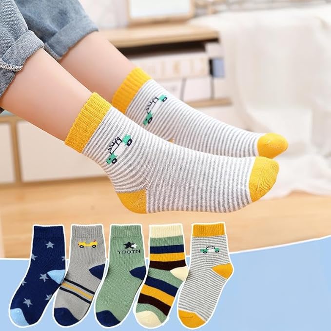 Padgene 10 Pairs Kids Boys Fun Novelty Socks Toddler None Slip Cotton Crew Dress Socks Cartoon Dinosaur Car Shark Stripes