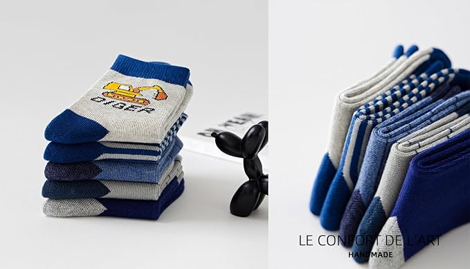 Padgene 10 Pairs Kids Boys Fun Novelty Socks Toddler None Slip Cotton Crew Dress Socks Cartoon Dinosaur Car Shark Stripes