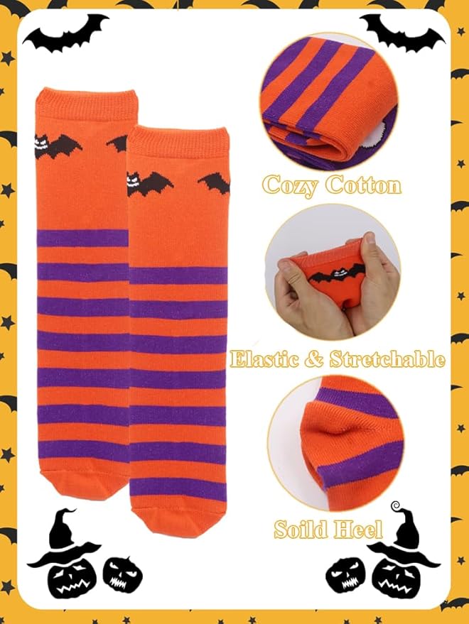 Halloween Socks for Girls Boys Toddlers, Orange Purple Knee High Halloween Socks with Cute Pumpkin/Bat/Ghost
