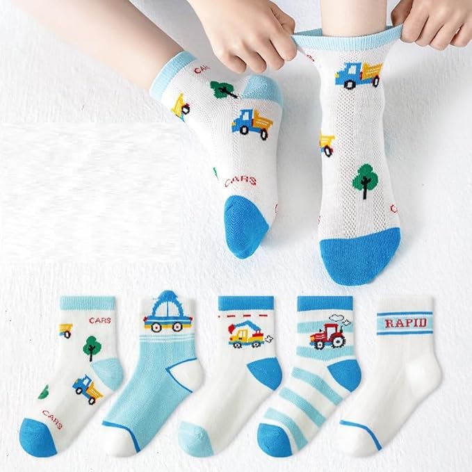 Padgene 10 Pairs Kids Boys Fun Novelty Socks Toddler None Slip Cotton Crew Dress Socks Cartoon Dinosaur Car Shark Stripes