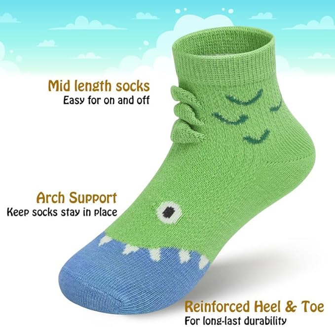 Padgene 10 Pairs Kids Boys Fun Novelty Socks Toddler None Slip Cotton Crew Dress Socks Cartoon Dinosaur Car Shark Stripes