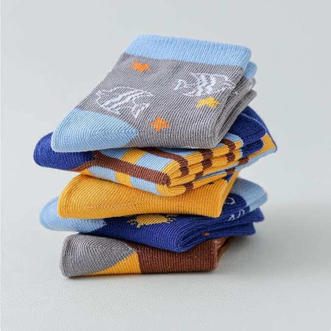 Padgene 10 Pairs Kids Boys Fun Novelty Socks Toddler None Slip Cotton Crew Dress Socks Cartoon Dinosaur Car Shark Stripes