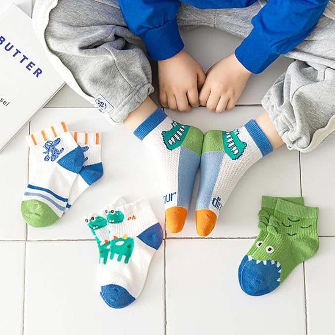 Padgene 10 Pairs Kids Boys Fun Novelty Socks Toddler None Slip Cotton Crew Dress Socks Cartoon Dinosaur Car Shark Stripes