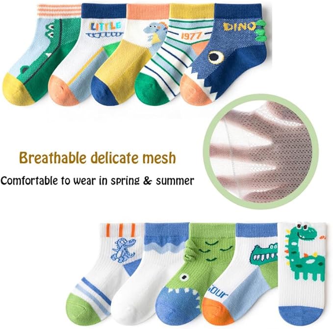 Padgene 10 Pairs Kids Boys Fun Novelty Socks Toddler None Slip Cotton Crew Dress Socks Cartoon Dinosaur Car Shark Stripes