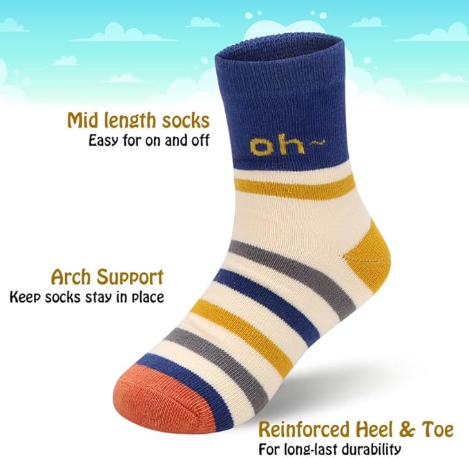 Padgene 10 Pairs Kids Boys Fun Novelty Socks Toddler None Slip Cotton Crew Dress Socks Cartoon Dinosaur Car Shark Stripes