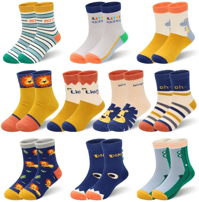 Padgene 10 Pairs Kids Boys Fun Novelty Socks Toddler None Slip Cotton Crew Dress Socks Cartoon Dinosaur Car Shark Stripes