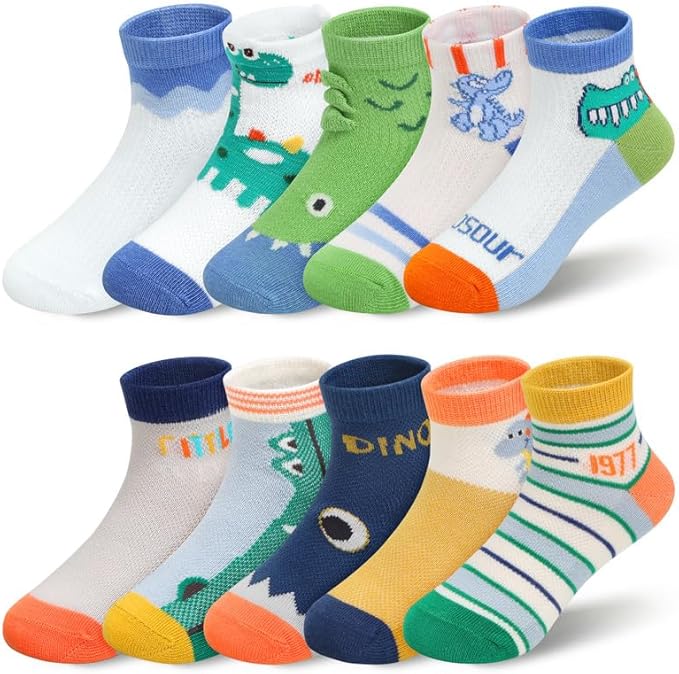 Padgene 10 Pairs Kids Boys Fun Novelty Socks Toddler None Slip Cotton Crew Dress Socks Cartoon Dinosaur Car Shark Stripes