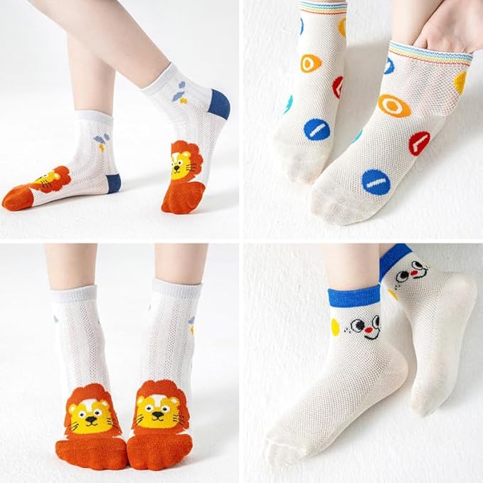 Padgene 10 Pairs Kids Boys Fun Novelty Socks Toddler None Slip Cotton Crew Dress Socks Cartoon Dinosaur Car Shark Stripes