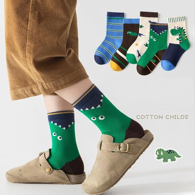 Padgene 10 Pairs Kids Boys Fun Novelty Socks Toddler None Slip Cotton Crew Dress Socks Cartoon Dinosaur Car Shark Stripes