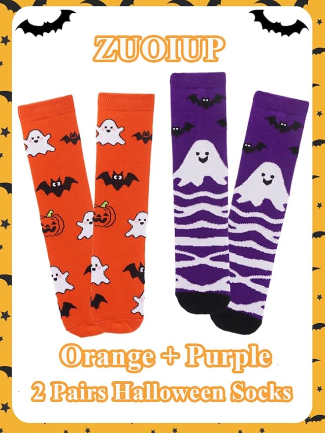 Halloween Socks for Girls Boys Toddlers, Orange Purple Knee High Halloween Socks with Cute Pumpkin/Bat/Ghost