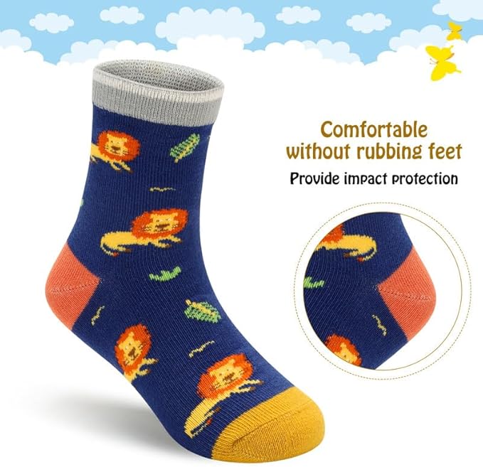 Padgene 10 Pairs Kids Boys Fun Novelty Socks Toddler None Slip Cotton Crew Dress Socks Cartoon Dinosaur Car Shark Stripes