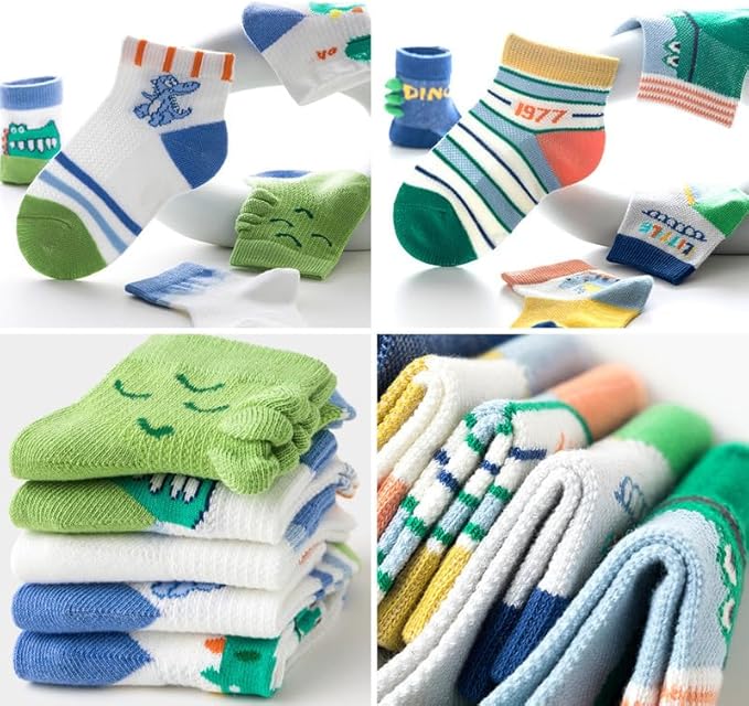 Padgene 10 Pairs Kids Boys Fun Novelty Socks Toddler None Slip Cotton Crew Dress Socks Cartoon Dinosaur Car Shark Stripes