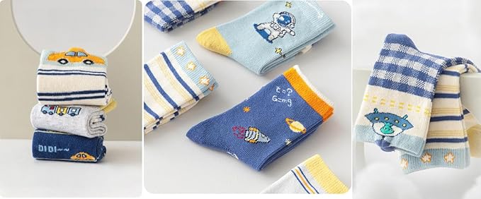 Padgene 10 Pairs Kids Boys Fun Novelty Socks Toddler None Slip Cotton Crew Dress Socks Cartoon Dinosaur Car Shark Stripes