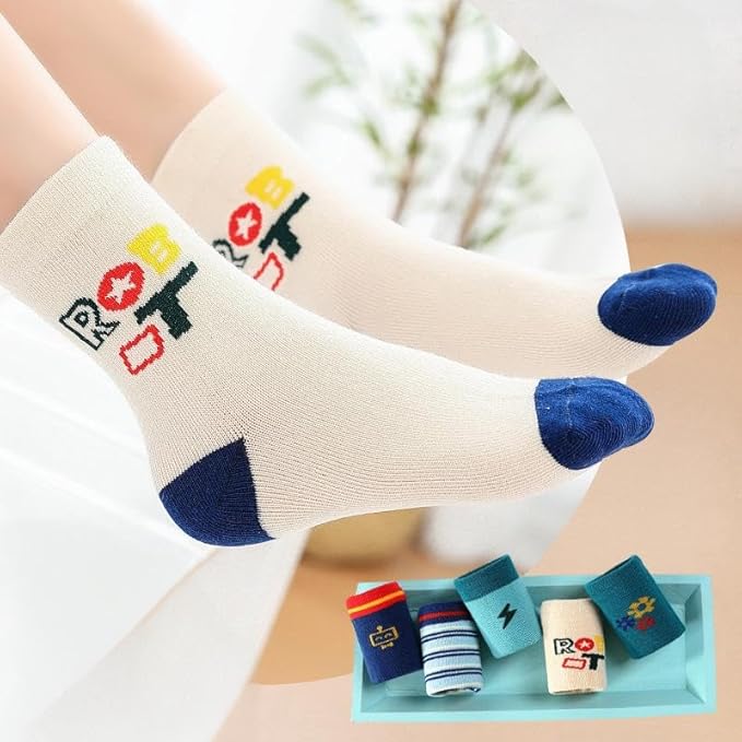 Padgene 10 Pairs Kids Boys Fun Novelty Socks Toddler None Slip Cotton Crew Dress Socks Cartoon Dinosaur Car Shark Stripes