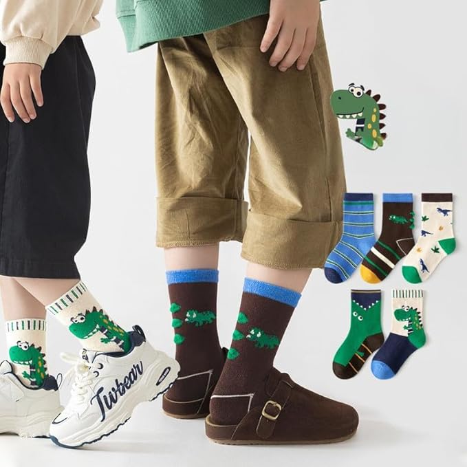 Padgene 10 Pairs Kids Boys Fun Novelty Socks Toddler None Slip Cotton Crew Dress Socks Cartoon Dinosaur Car Shark Stripes