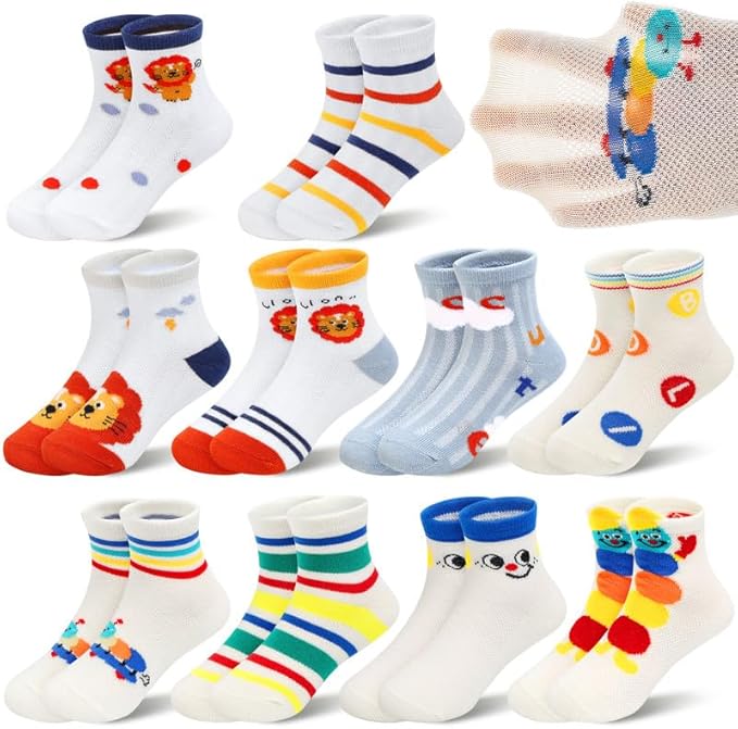 Padgene 10 Pairs Kids Boys Fun Novelty Socks Toddler None Slip Cotton Crew Dress Socks Cartoon Dinosaur Car Shark Stripes