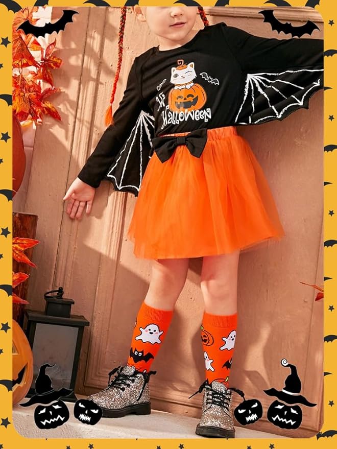 Halloween Socks for Girls Boys Toddlers, Orange Purple Knee High Halloween Socks with Cute Pumpkin/Bat/Ghost