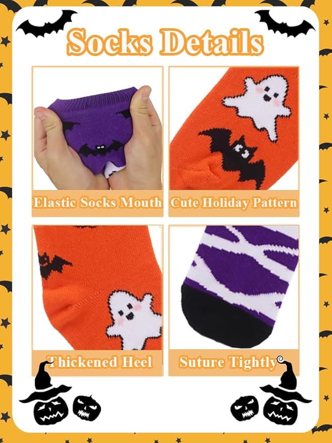 Halloween Socks for Girls Boys Toddlers, Orange Purple Knee High Halloween Socks with Cute Pumpkin/Bat/Ghost