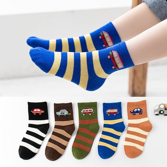 Padgene 10 Pairs Kids Boys Fun Novelty Socks Toddler None Slip Cotton Crew Dress Socks Cartoon Dinosaur Car Shark Stripes