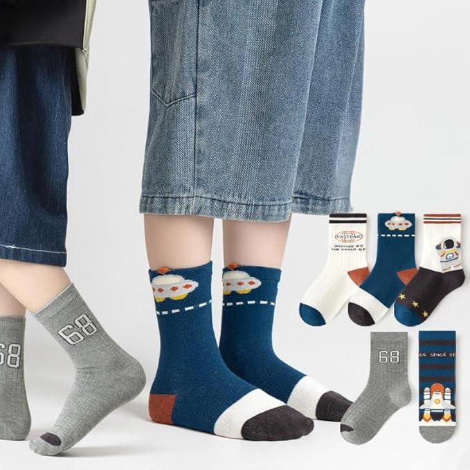 Padgene 10 Pairs Kids Boys Fun Novelty Socks Toddler None Slip Cotton Crew Dress Socks Cartoon Dinosaur Car Shark Stripes