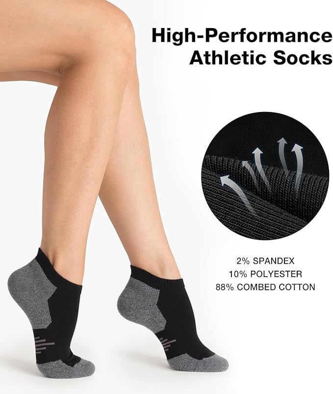 Women's Black Ankle Socks 8 Pack - Cushioned Cotton Everyday Socks for Gym, Travel