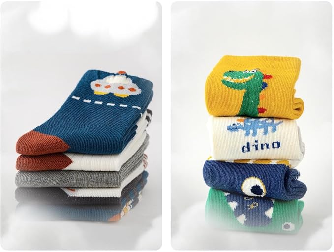 Padgene 10 Pairs Kids Boys Fun Novelty Socks Toddler None Slip Cotton Crew Dress Socks Cartoon Dinosaur Car Shark Stripes