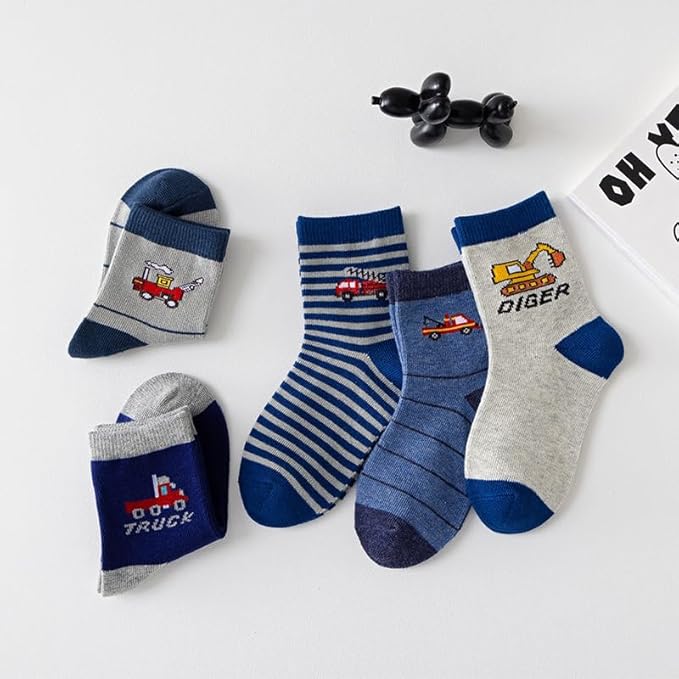 Padgene 10 Pairs Kids Boys Fun Novelty Socks Toddler None Slip Cotton Crew Dress Socks Cartoon Dinosaur Car Shark Stripes