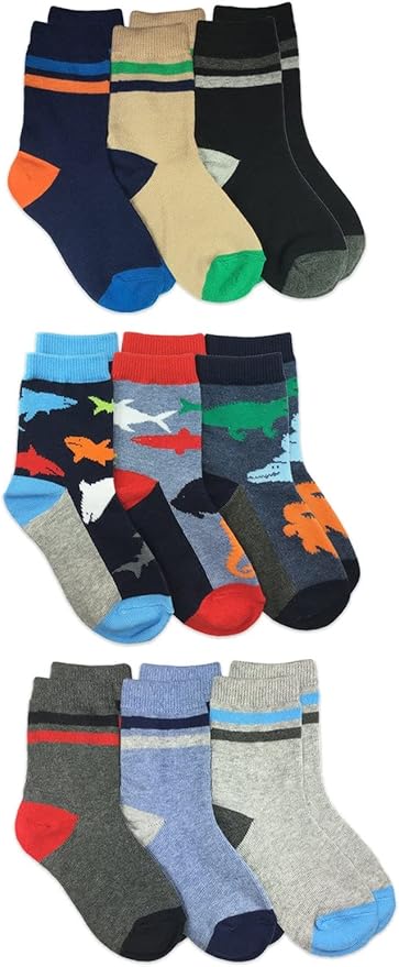 Jefferies Socks Boys Fashion Novelty Dinosaur Stripes Pattern Variety Crew Socks 9 Pair Pack