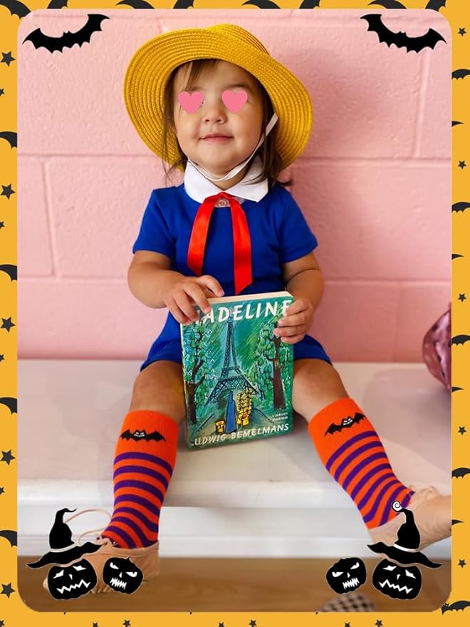 Halloween Socks for Girls Boys Toddlers, Orange Purple Knee High Halloween Socks with Cute Pumpkin/Bat/Ghost