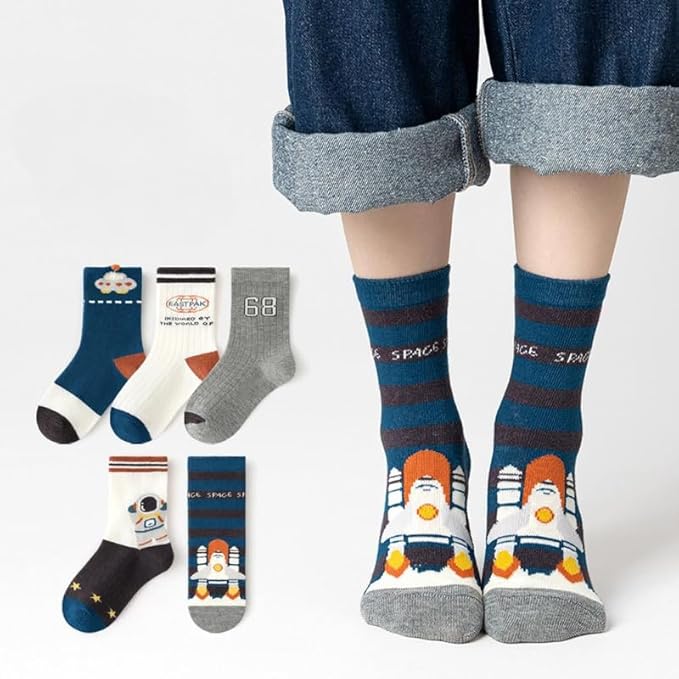 Padgene 10 Pairs Kids Boys Fun Novelty Socks Toddler None Slip Cotton Crew Dress Socks Cartoon Dinosaur Car Shark Stripes