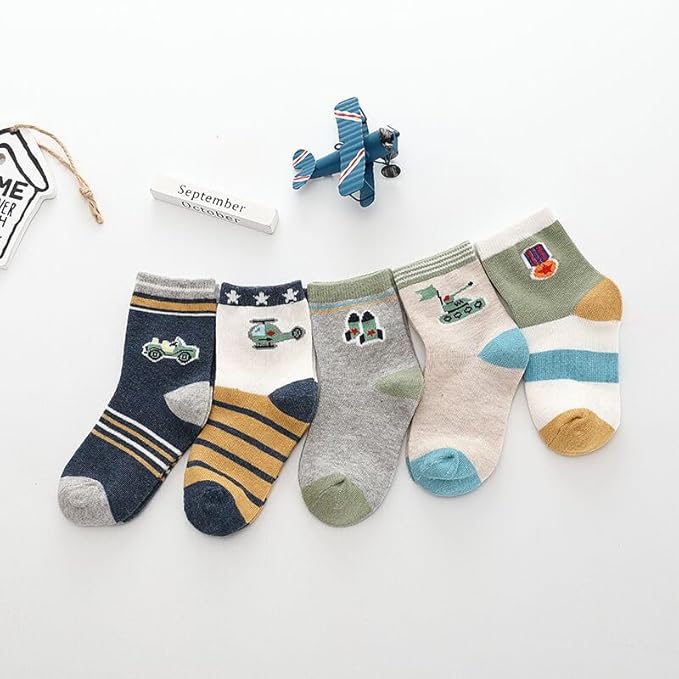 Padgene 10 Pairs Kids Boys Fun Novelty Socks Toddler None Slip Cotton Crew Dress Socks Cartoon Dinosaur Car Shark Stripes