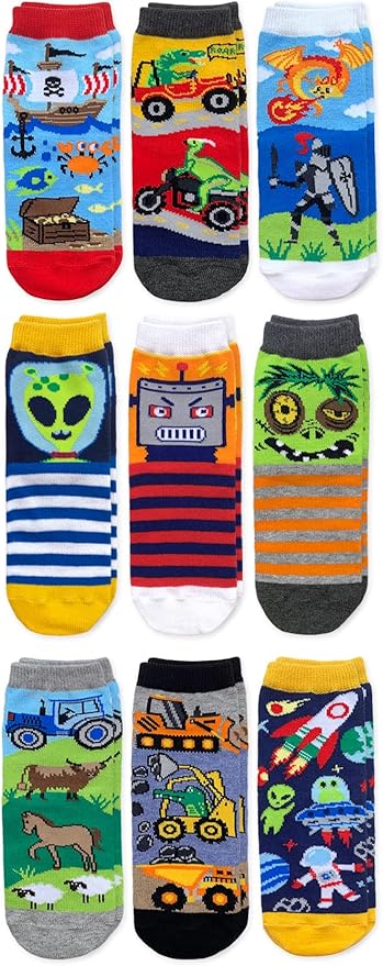 Jefferies Socks Boys Fashion Novelty Dinosaur Stripes Pattern Variety Crew Socks 9 Pair Pack