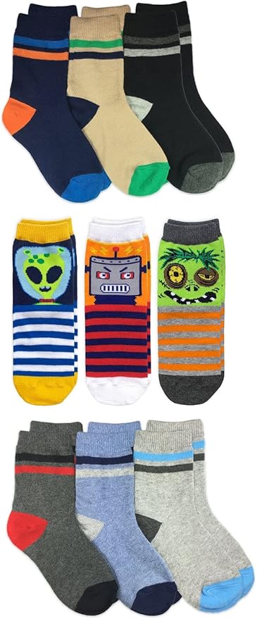 Jefferies Socks Boys Fashion Novelty Dinosaur Stripes Pattern Variety Crew Socks 9 Pair Pack