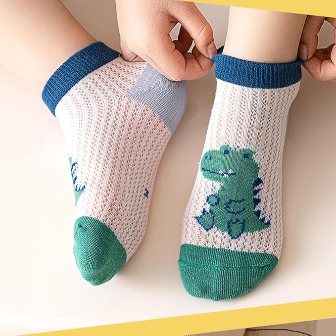 Padgene 10 Pairs Kids Boys Fun Novelty Socks Toddler None Slip Cotton Crew Dress Socks Cartoon Dinosaur Car Shark Stripes