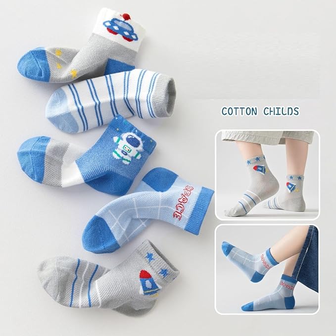 Padgene 10 Pairs Kids Boys Fun Novelty Socks Toddler None Slip Cotton Crew Dress Socks Cartoon Dinosaur Car Shark Stripes