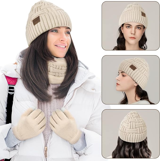 Loritta 3-Pieces Winter Hat Neck Warmer Touchscreen Gloves Set Knit Thick Scarf Beanie Hats Scarves Set Gifts for Women