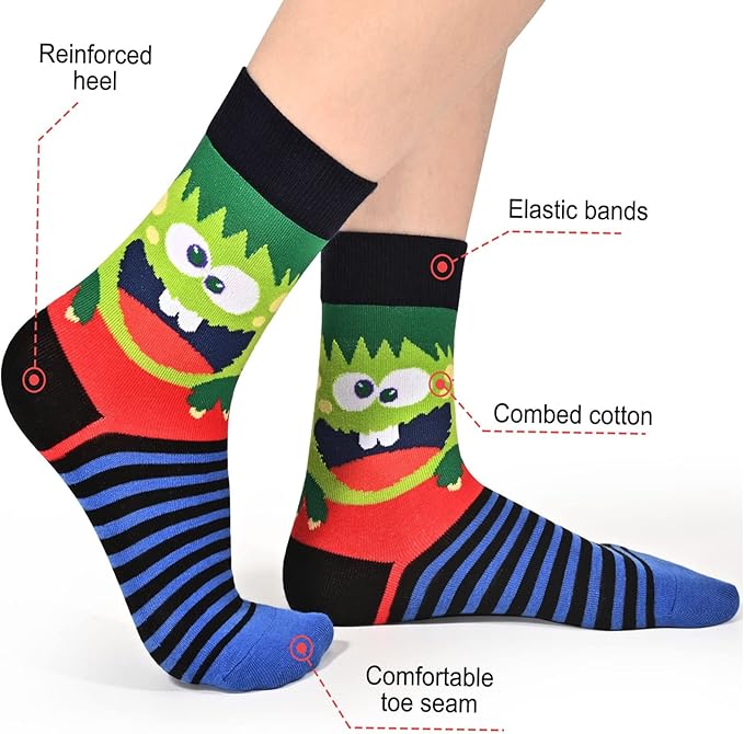 Kids Boys Girls Crew Socks 4-6 Pack + Gift Box, Novelty Funky Colorful Toddler Calf Socks for Teens