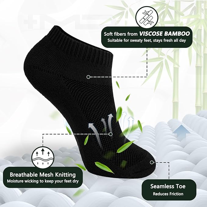 +MD 6 Pairs Ankle Socks for Women and Men, Bamboo Viscose Smell Control Cushioned Sole Casual Low Cut Socks