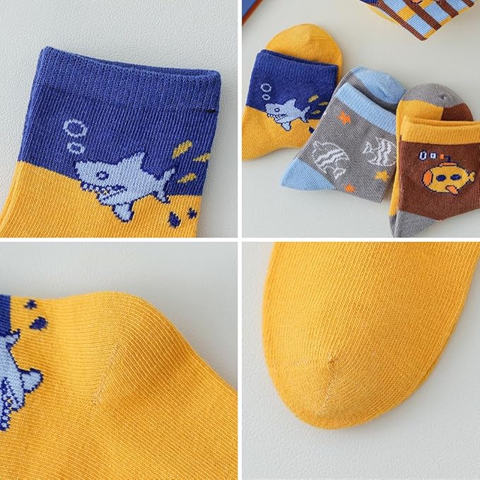 Padgene 10 Pairs Kids Boys Fun Novelty Socks Toddler None Slip Cotton Crew Dress Socks Cartoon Dinosaur Car Shark Stripes