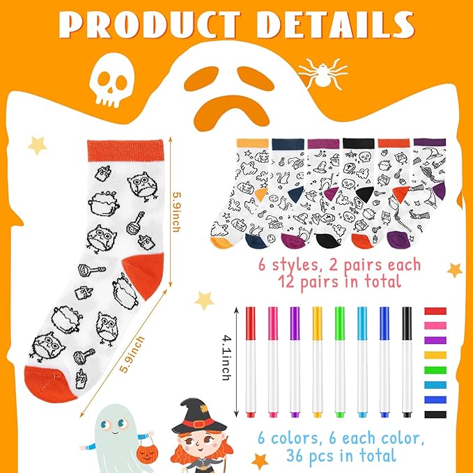 ShinyMarch 12 Pairs Kids Doodle Socks Color Your Own Socks DIY Kid Drawing Craft Arts with 48 Pcs Markers