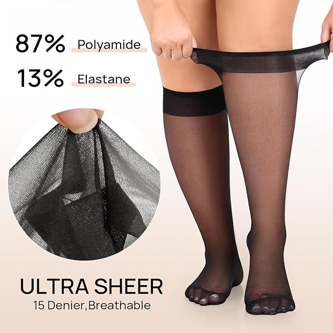 MANZI 10 Pairs Plus Size Knee High Stockings for Women 15D Sheer Nylons Socks with Wide Calf