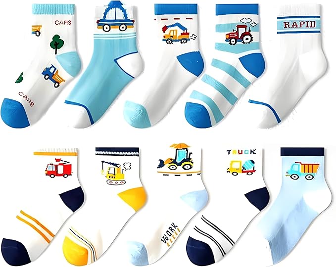 Padgene 10 Pairs Kids Boys Fun Novelty Socks Toddler None Slip Cotton Crew Dress Socks Cartoon Dinosaur Car Shark Stripes