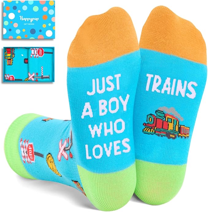 HAPPYPOP Train Tractor Gifts For Boys - Funny Railroad Tractor Socks For Kids 7-12 Years Old