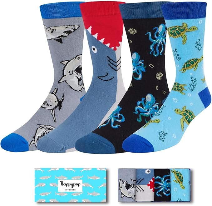 HAPPYPOP Shark Gifts for Boys - Silly Shark Socks Adult 4 Pack, Ocean Socks for Kids Boys 4-18 Years