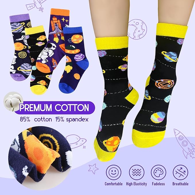 ALANGDUO Kids Boys Funny Crew Socks, 4 Pairs Crazy Novelty Space Socks for Boys Girls 5-8 Years Old, Cute Astronaut Planet Cotton Socks, Casual Dress Stockings, Kids Birthday Christmas Gift