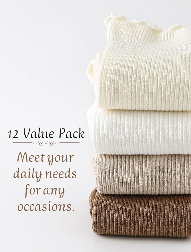 12 Pairs Cotton Quarter Socks for Women, Lightweight Non-Binding Mini Crew Sock, Cute Ruffle Ankle Sock for Uniform