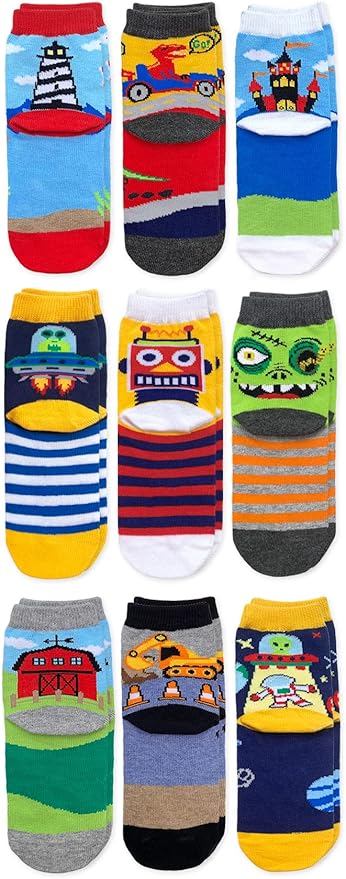 Jefferies Socks Boys Fashion Novelty Dinosaur Stripes Pattern Variety Crew Socks 9 Pair Pack