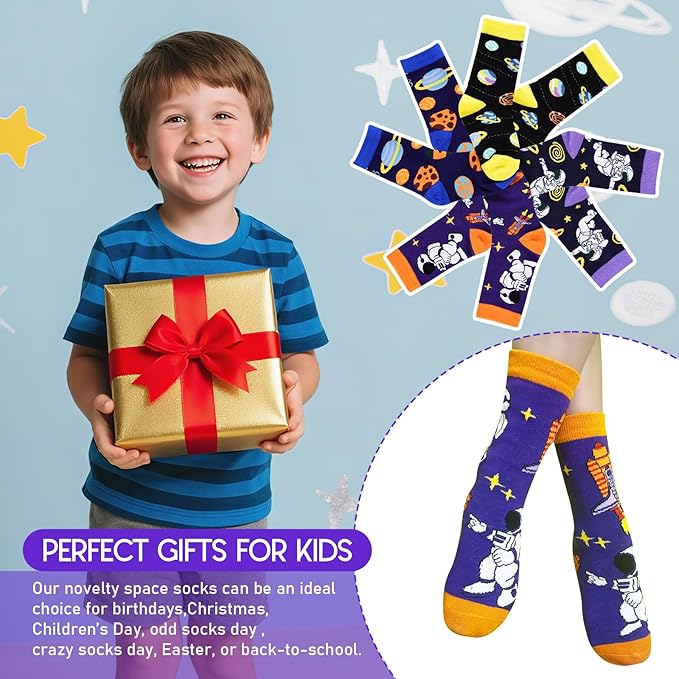 ALANGDUO Kids Boys Funny Crew Socks, 4 Pairs Crazy Novelty Space Socks for Boys Girls 5-8 Years Old, Cute Astronaut Planet Cotton Socks, Casual Dress Stockings, Kids Birthday Christmas Gift
