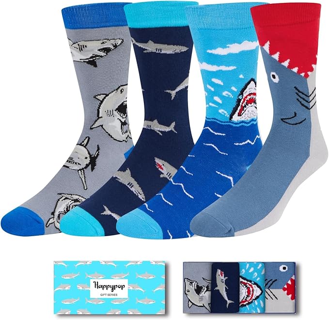 HAPPYPOP Shark Gifts for Boys - Silly Shark Socks Adult 4 Pack, Ocean Socks for Kids Boys 4-18 Years