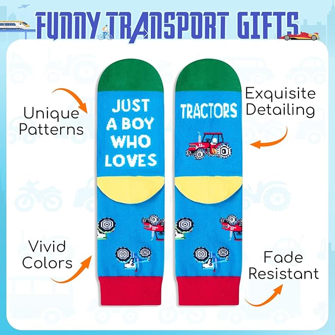 HAPPYPOP Train Tractor Gifts For Boys - Funny Railroad Tractor Socks For Kids 7-12 Years Old